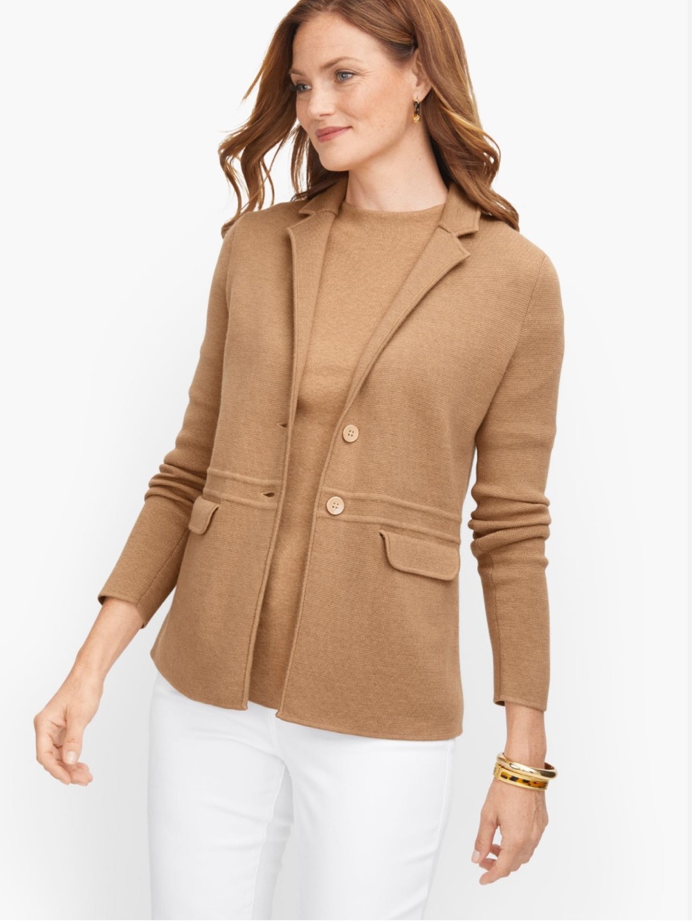 TALBOTS NWOT 100% Merino Wool Knit Cardigan Blazer 1Xp Camel Tan Office Career
